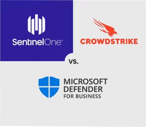 Infographic comparing SentinelOne, CrowdStrike, and Microsoft Defender for Business endpoint security solutions, featuring their logos and a bold title for business decision-makers.